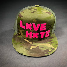 Load image into Gallery viewer, Camo LXVE over HXTE Trucker Hat
